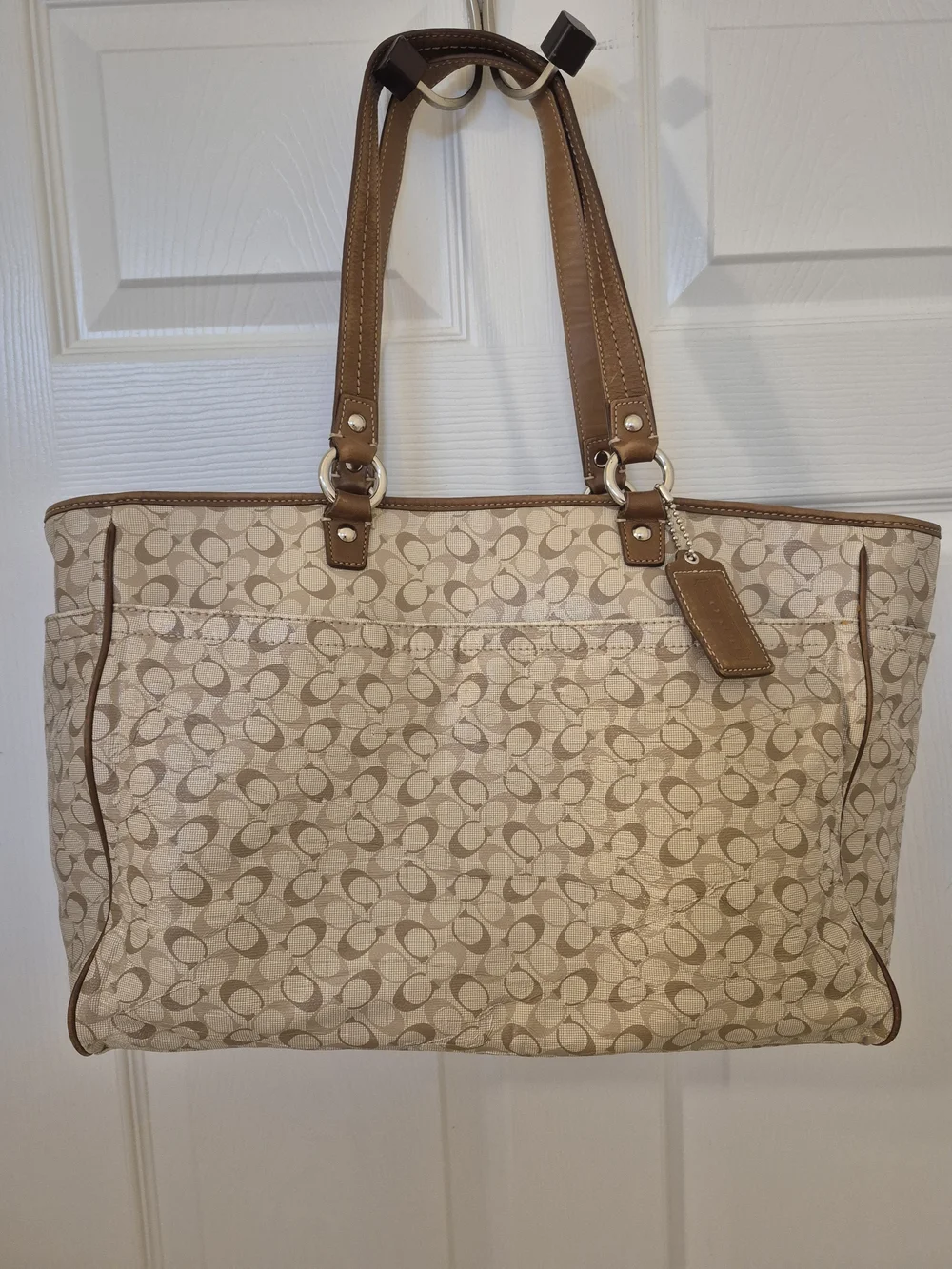 Coach Beige Signature Canvas Mulifunction Tote with Tan Leather Trim